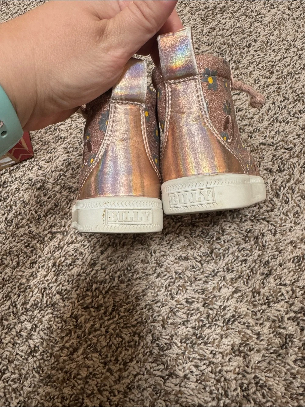 Billy Footwear Kids Rose Gold Glitter High-Top Sneakers with Daisy Detail